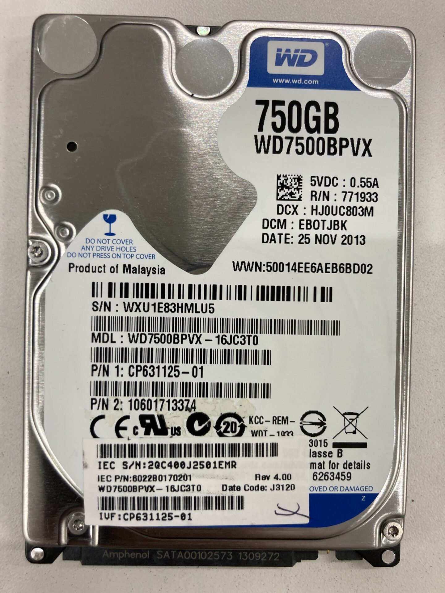 データ復旧・データ復元成功実績】HDD WD WD7500BPVX-16JC3T0 750GB